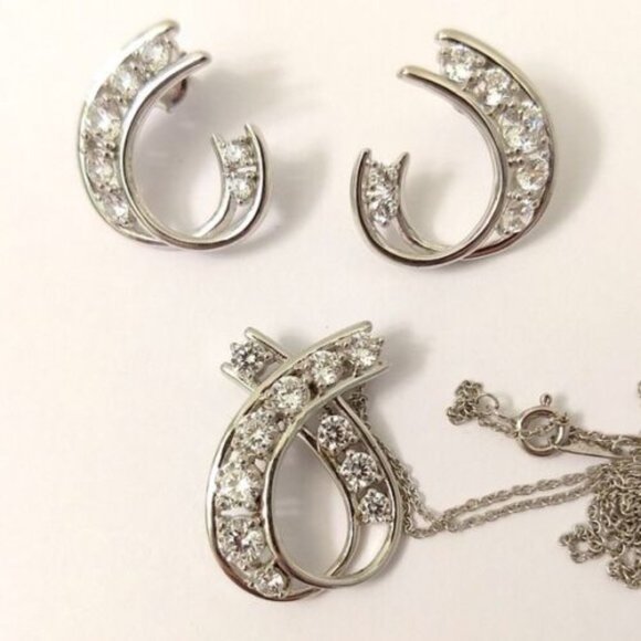 Jose Hess Sterling Silver Necklace & Earring Set Clear Rhinestones Chain Include - Picture 1 of 7